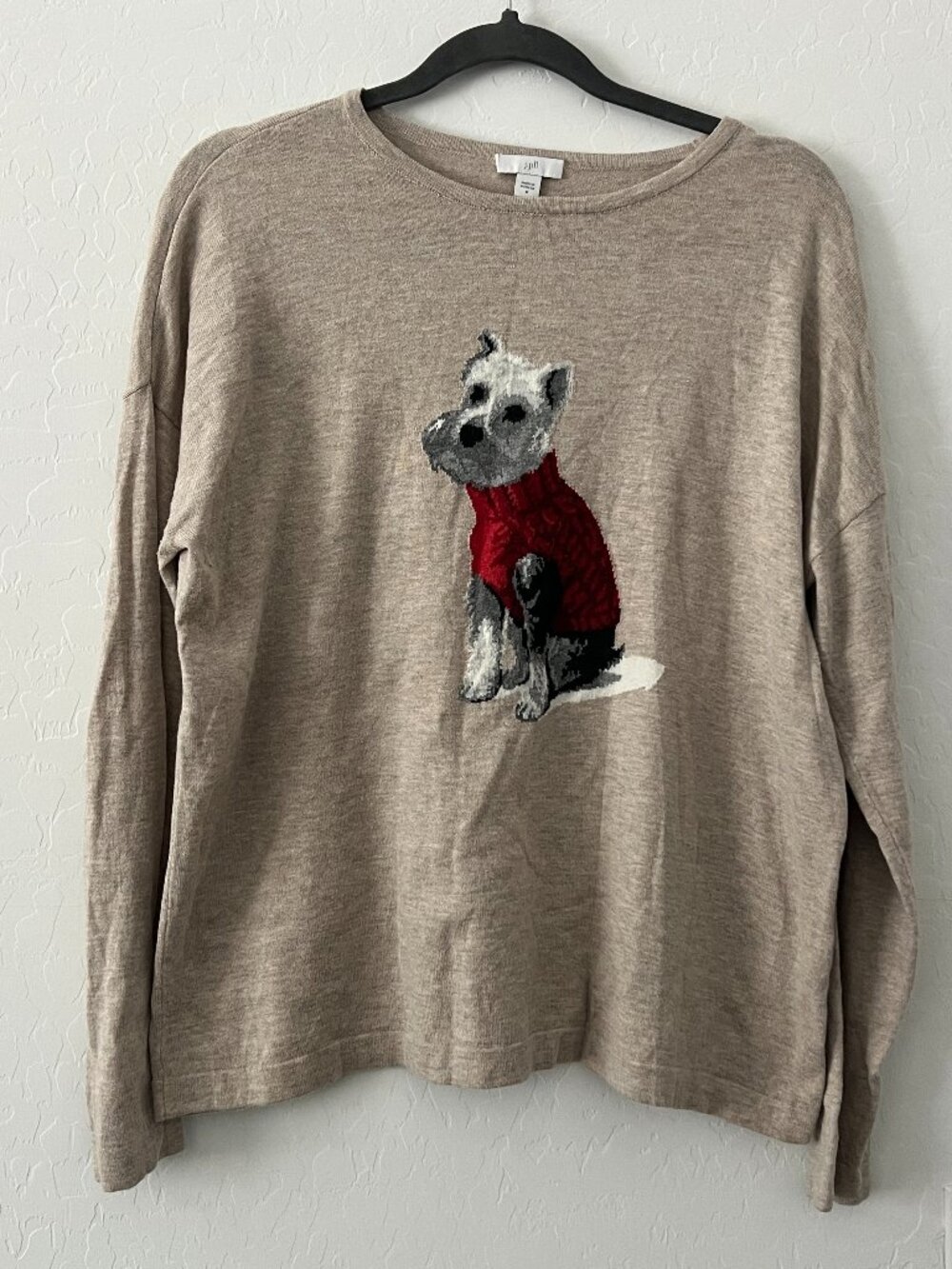 J.Jill Weston Dog Sweater Sz M Schnauzer Intarsia Knit Crew Neck Beige Pullover